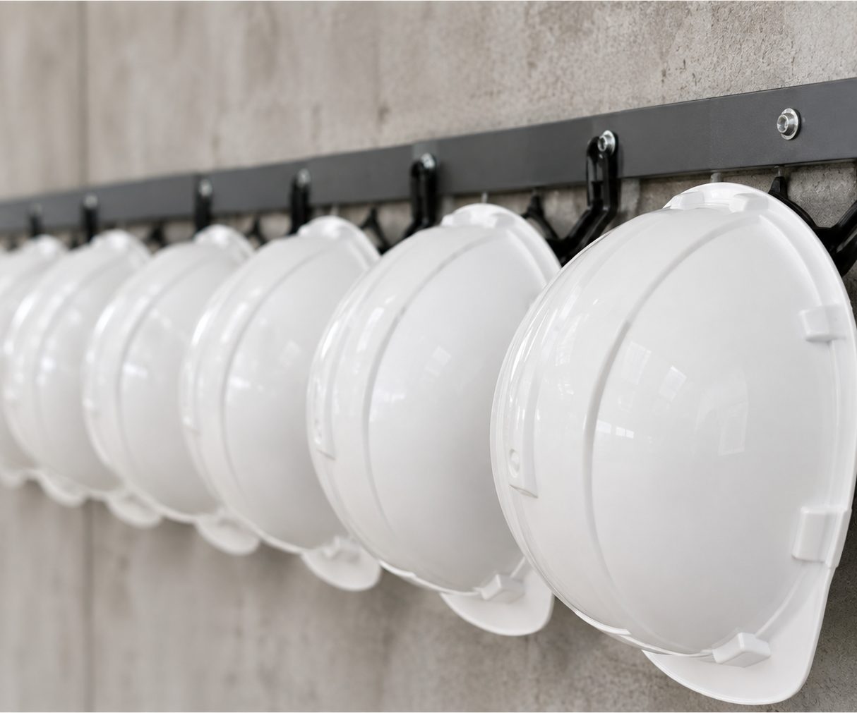 A row of white hard hats hanging on a concrete wall