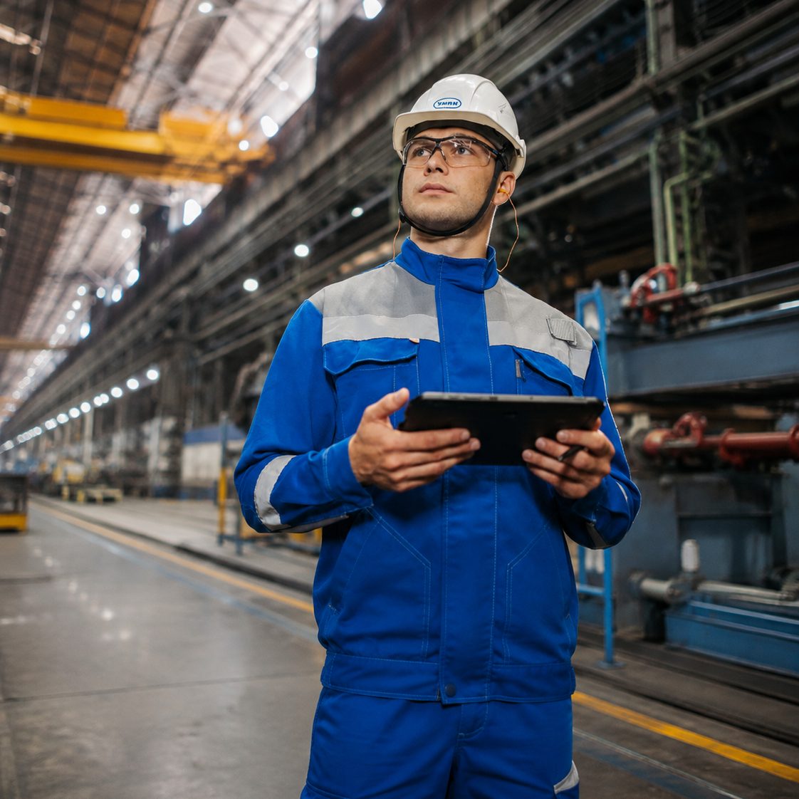 A production manager checks his tablet on the factory floor