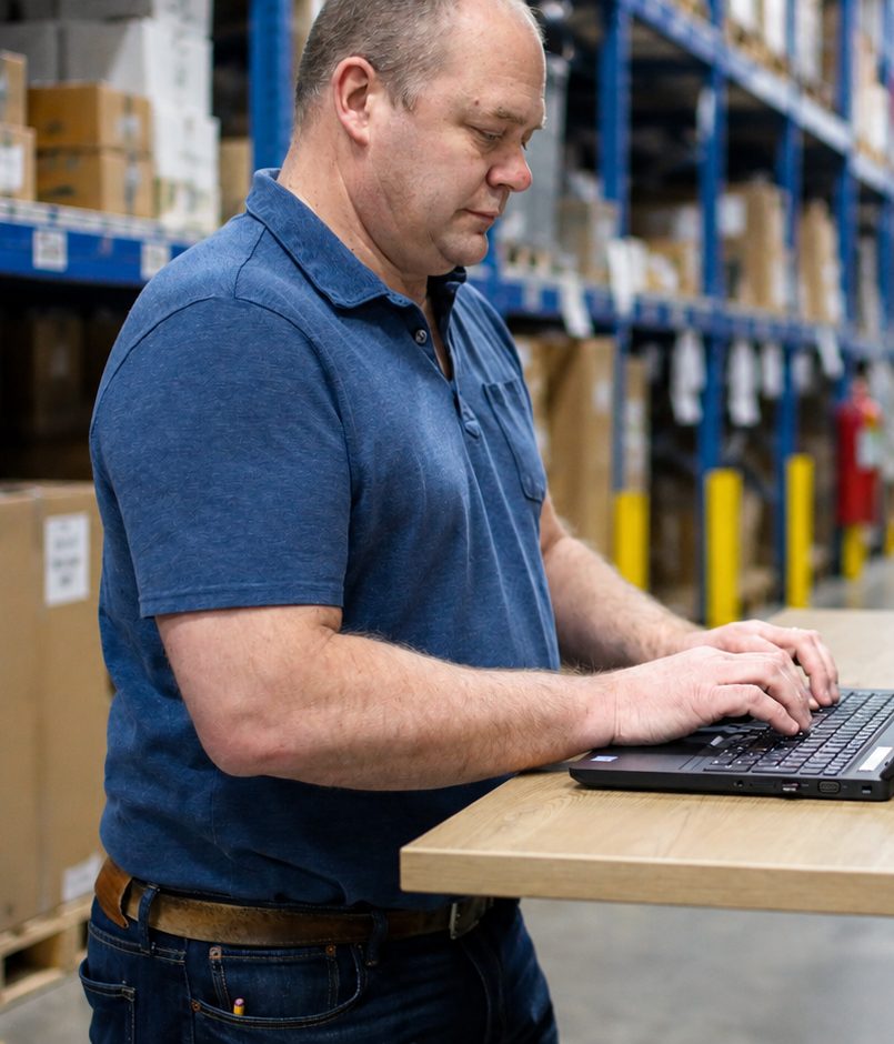 An employee works on his laptop in a warehouse