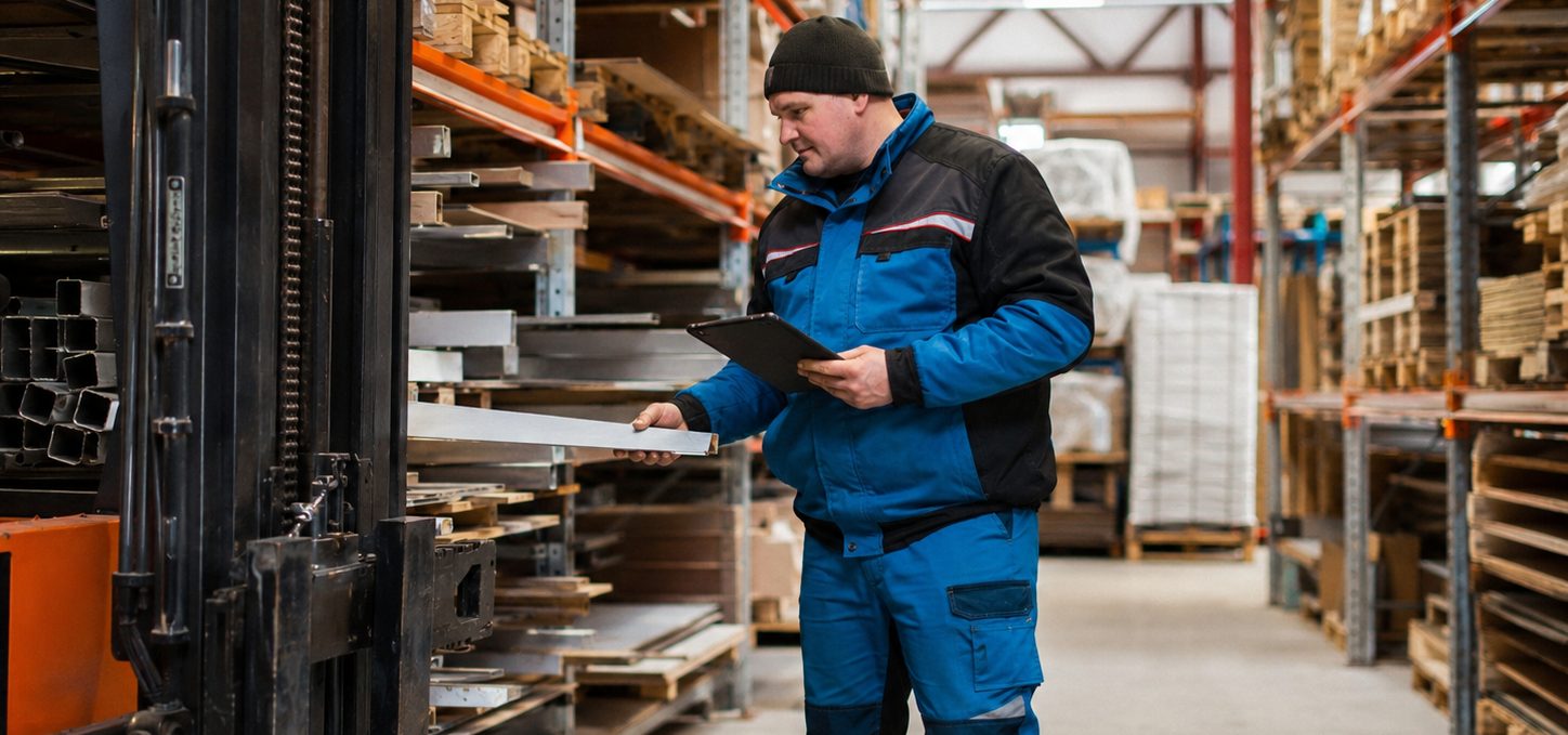 An order picker checks his tablet between the racks of a warehouse